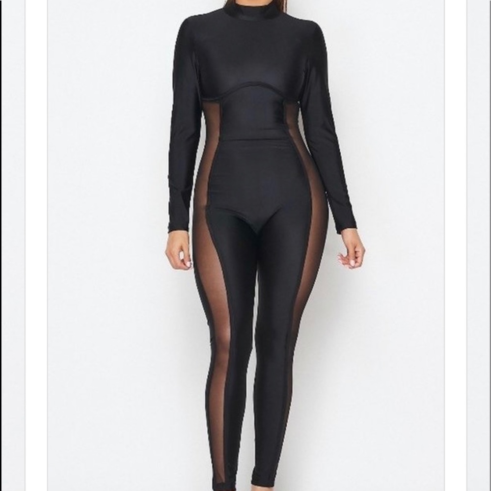 Mesh panel with piping jumpsuit